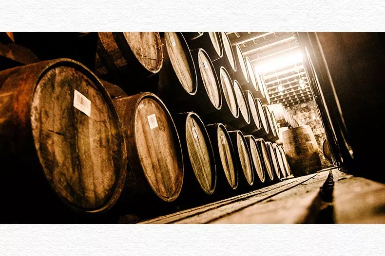 Laphroaig warehouse wall of barrels from a low angle