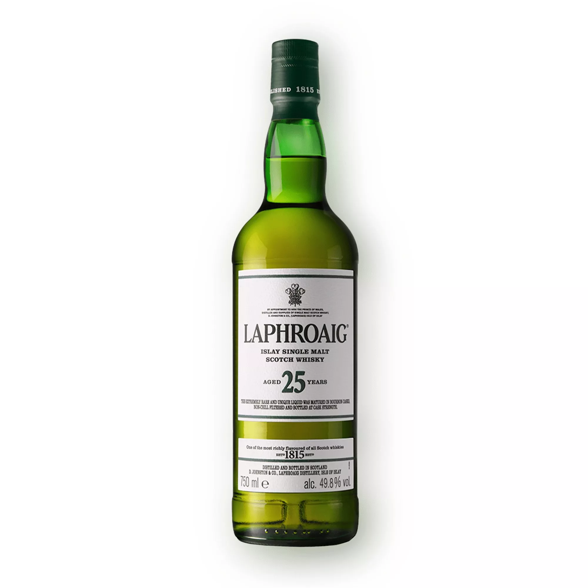 Bottle of Laphroaig Cask Strength 2020 25 year old whisky on transparent background