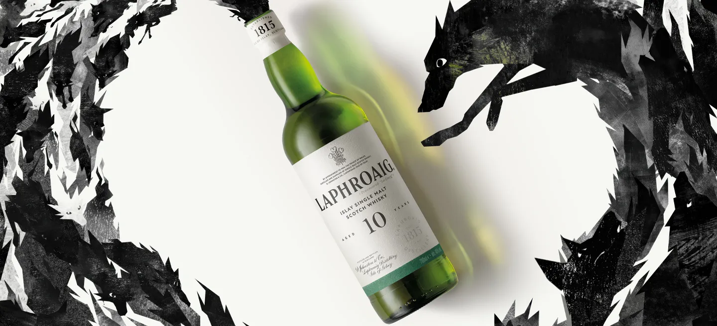 10 year old bottle of Laphroaig with Unphorgettable campaign wolf illustration